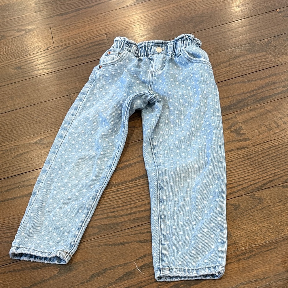 Zara girls Light Blue Polka Dot Kids Jeans with heart pockets paper bag style